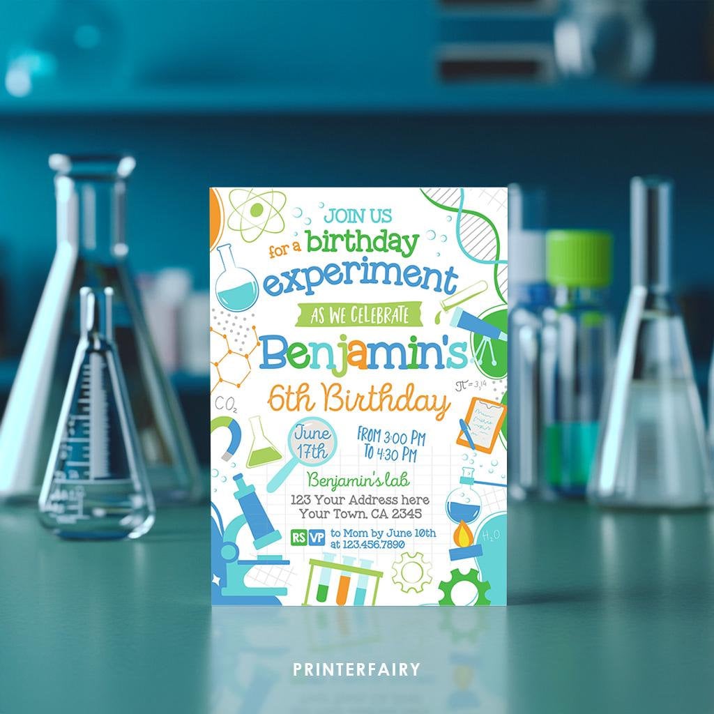 Science Birthday Invitation, Editable Lab Party Invite (Digital Download)