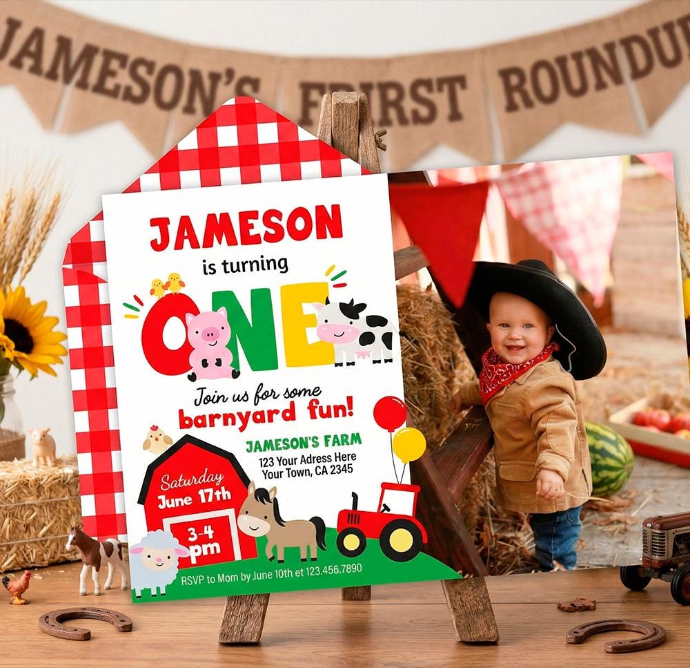 Farm First Birthday Invitation, Editable Barnyard Party Template (Digital Download)