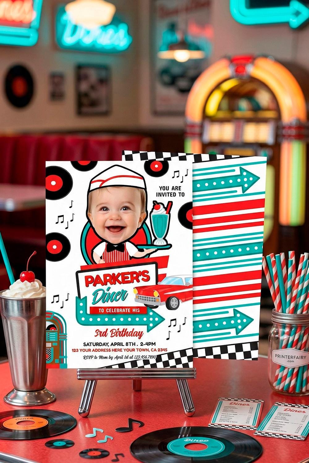Diner Birthday Invitation with Photo Editable Template for Any Age, INSTANT DOWNLOAD
