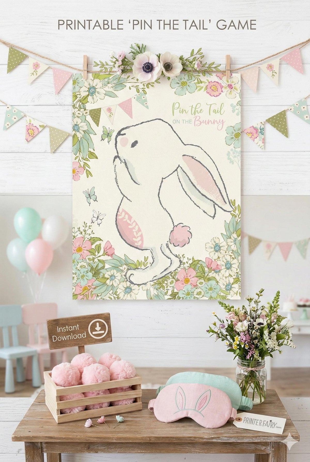 Pin the Tail on the Bunny Game, Spring Birthday Party Activity (Instant Download)