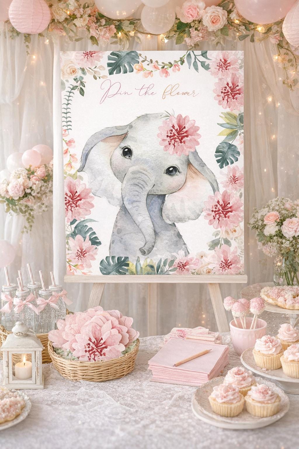 Elephant Party Game Pin the Flower, Digital Printable Instant Download