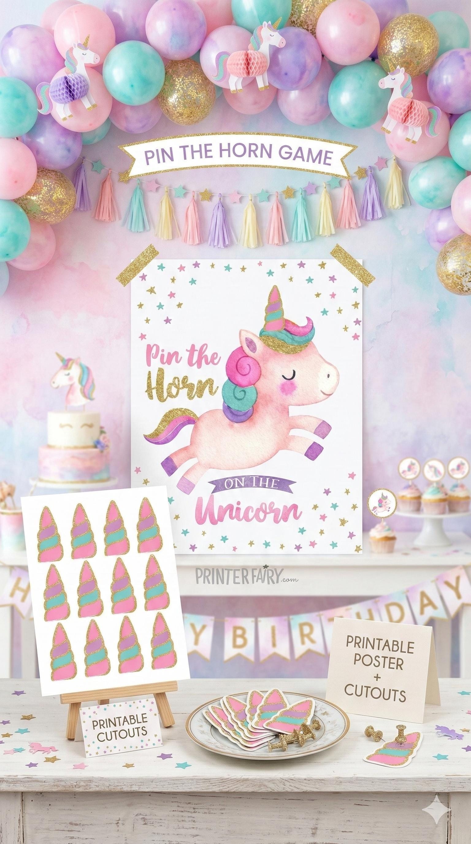 Unicorn Birthday Party Game, Pin the Horn Poster (Digital Printable)