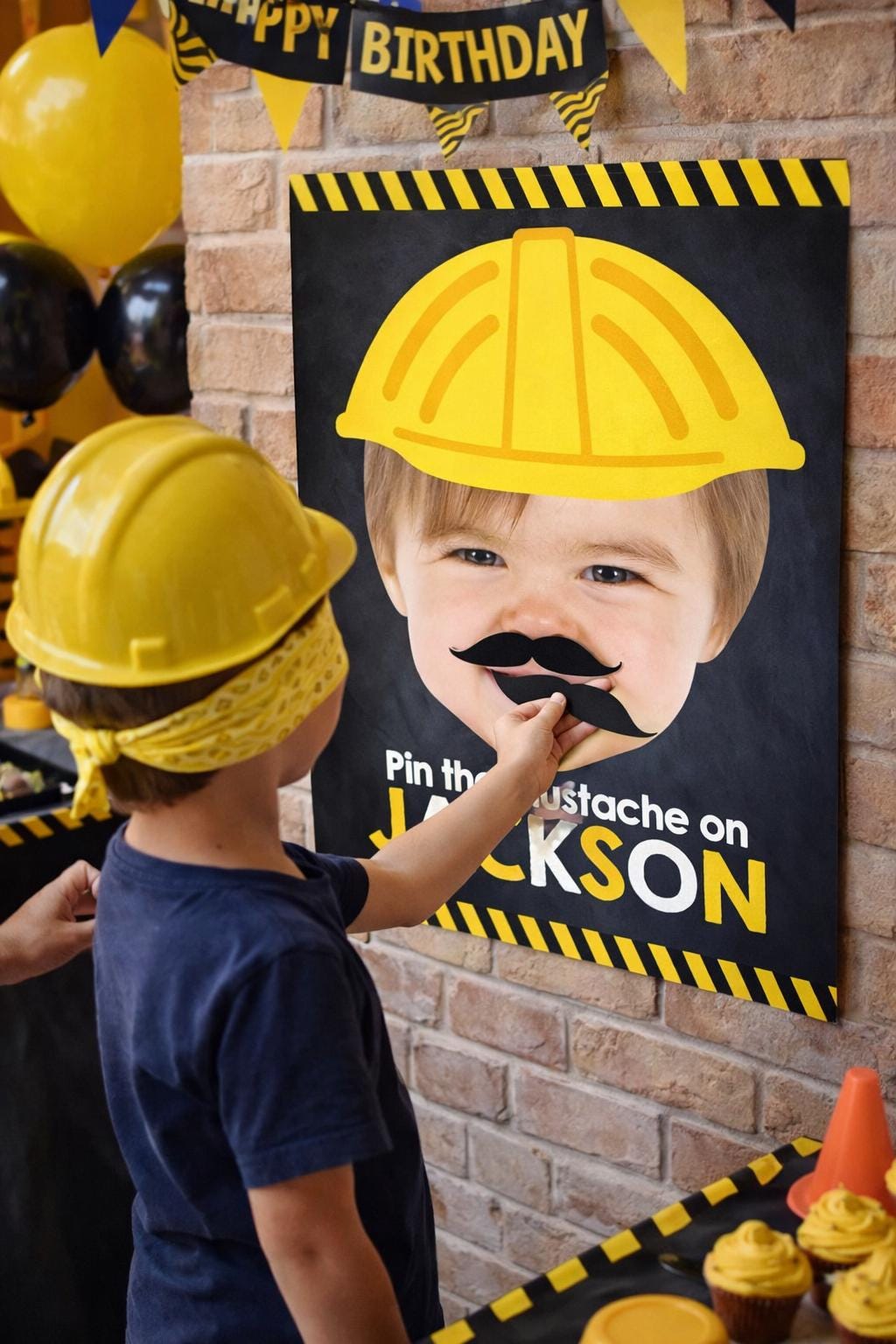 Construction Birthday Party Pin the Mustache Game Personalized Photo Poster (Digital Download)