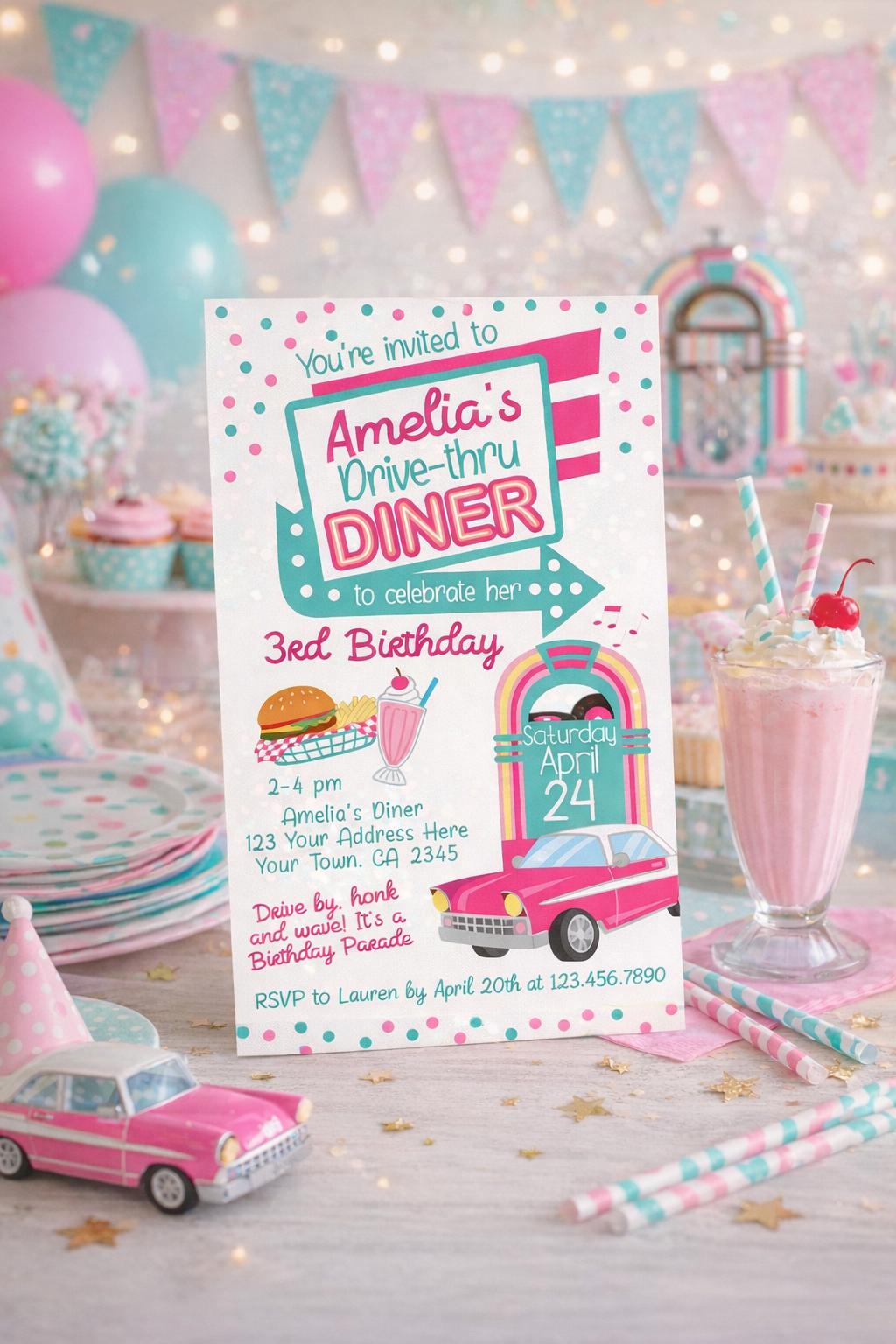 Diner Drive-Thru Birthday Invitation, Retro 50s Parade Invite (Digital Download)