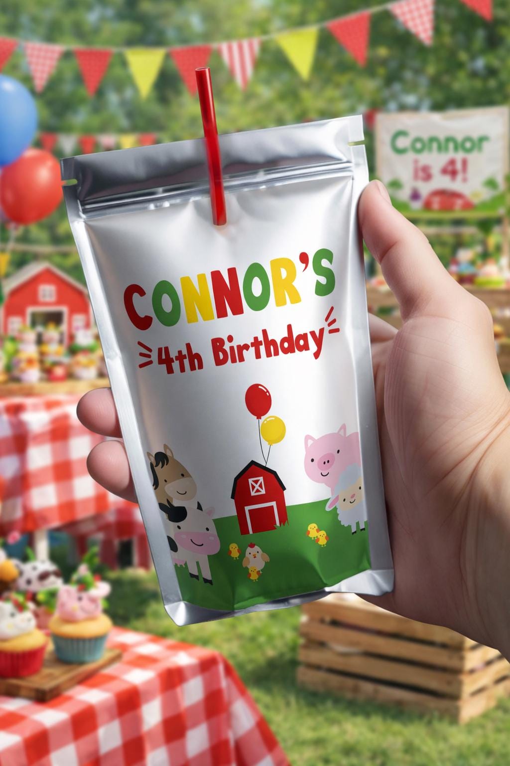 Farm Birthday Drink Pouch Label, Editable Barnyard Animals Party Template (Digital Download)
