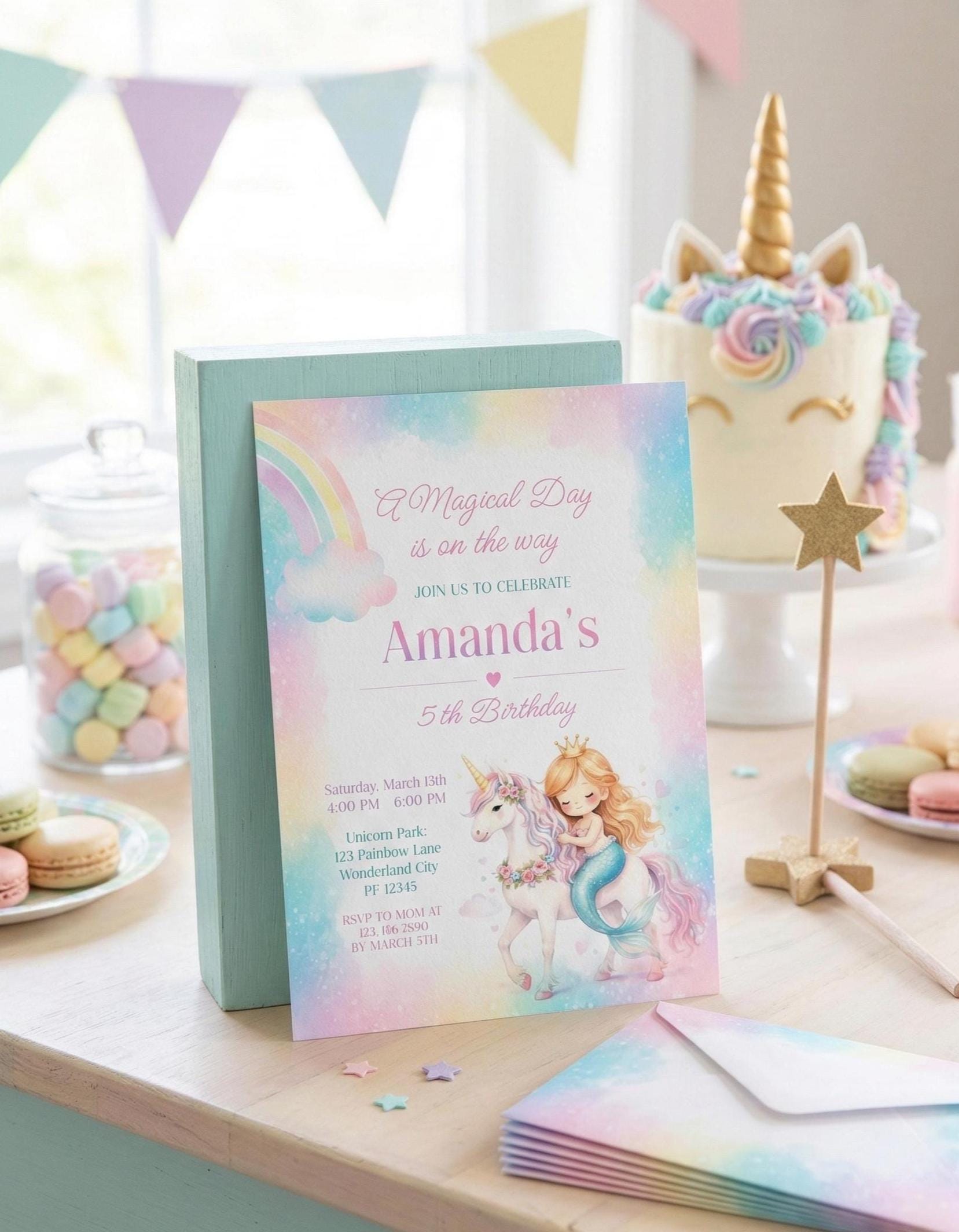 Unicorn and Mermaid Birthday Party Invitation for Any Age, Editable Template, Instant Download