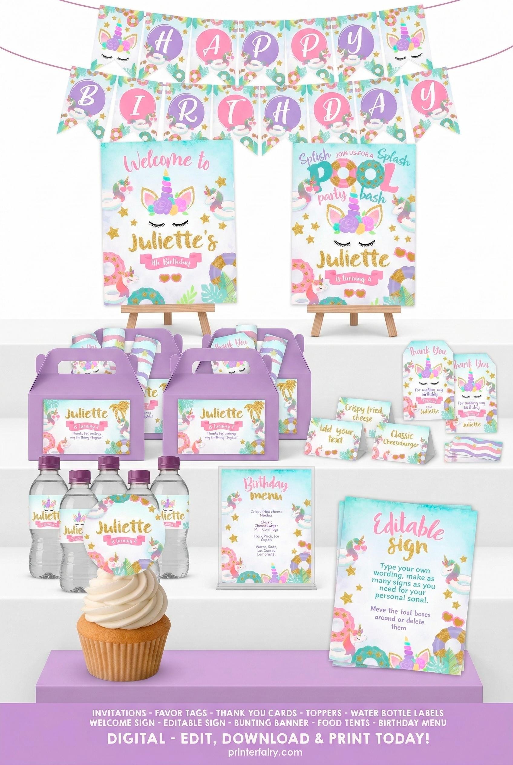 Unicorn Pool Party Birthday Bundle, Editable Summer Printable Kit (Digital Download)