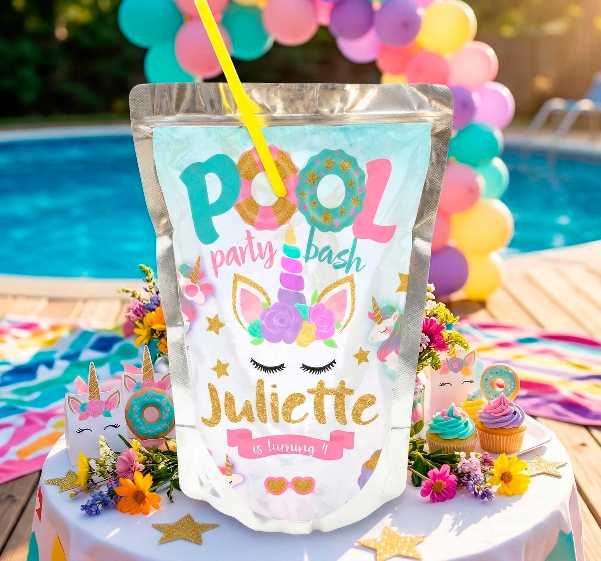 Unicorn Pool Party Drink Pouch Label, EDITABLE template, INSTANT DOWNLOAD