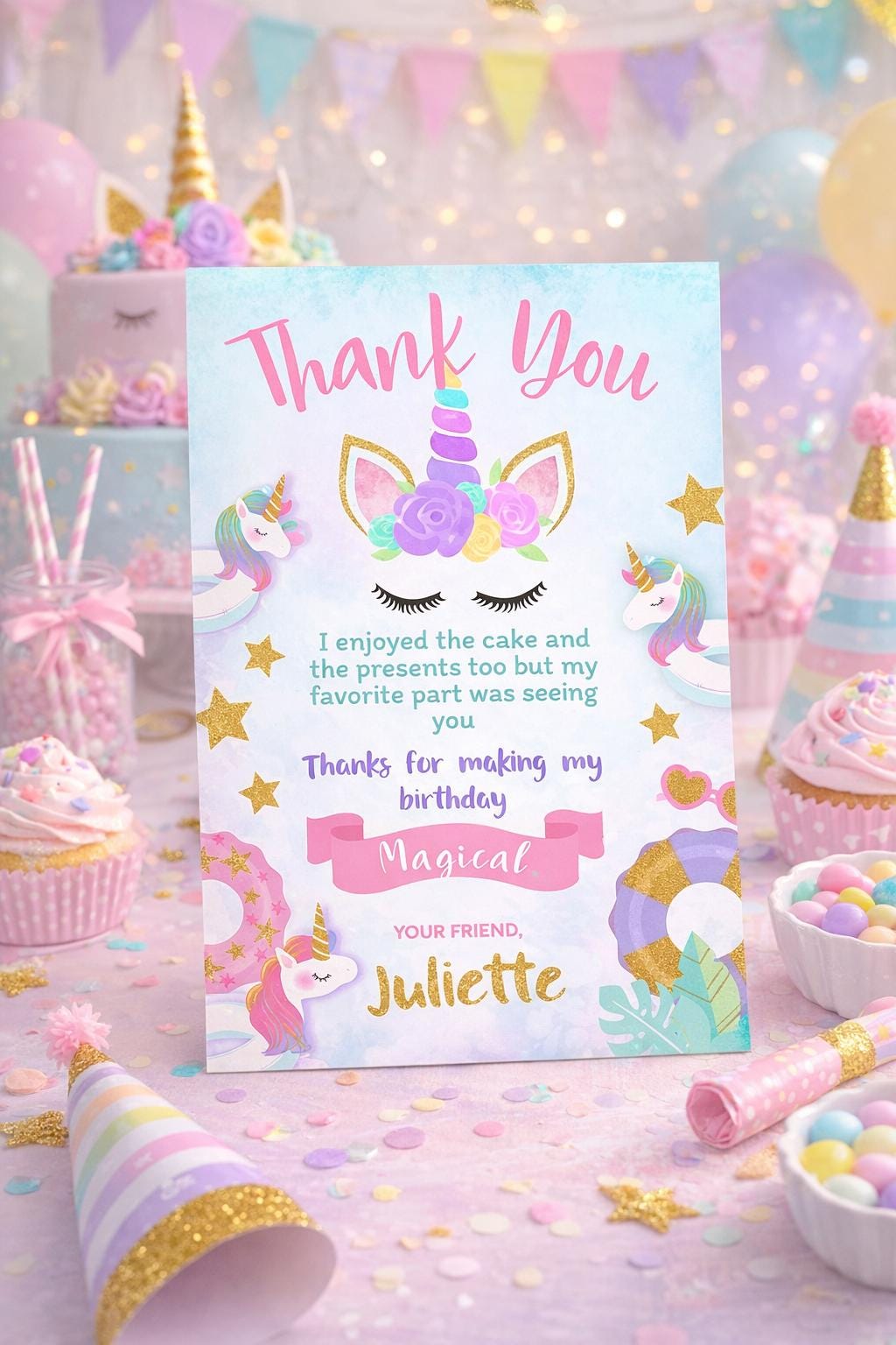 Unicorn Pool Birthday Party Thank You Card EDITABLE TEMPLATE, Instant Download