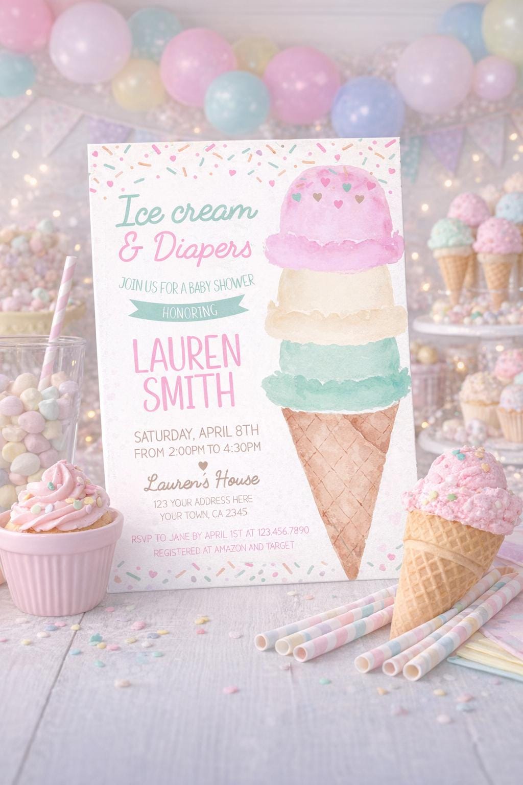 Ice Cream Baby Shower Invitation Editable Template, Instant Download