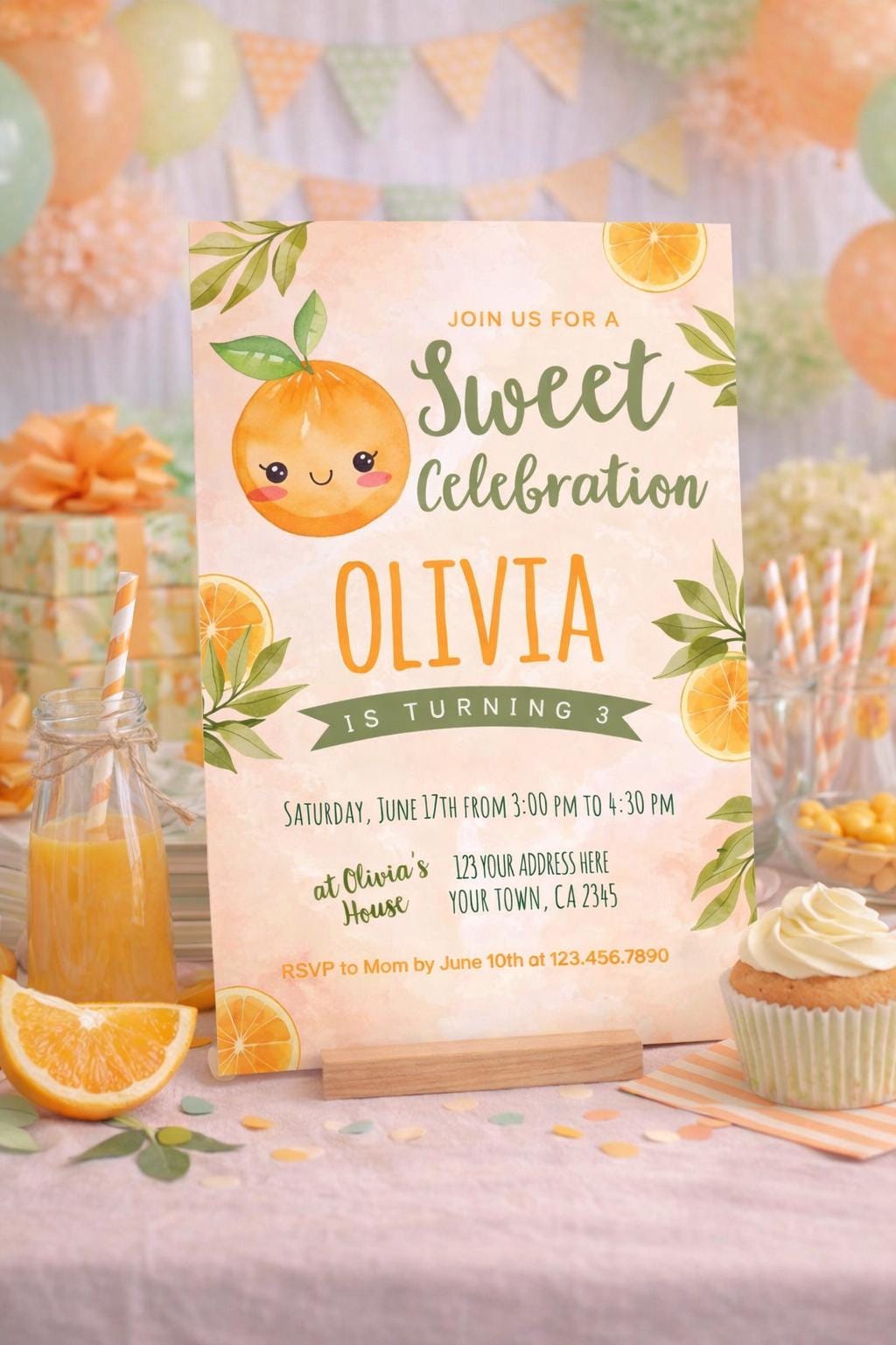 Sweet Orange Birthday Invitation, Little Cutie Party Template (Digital Download)