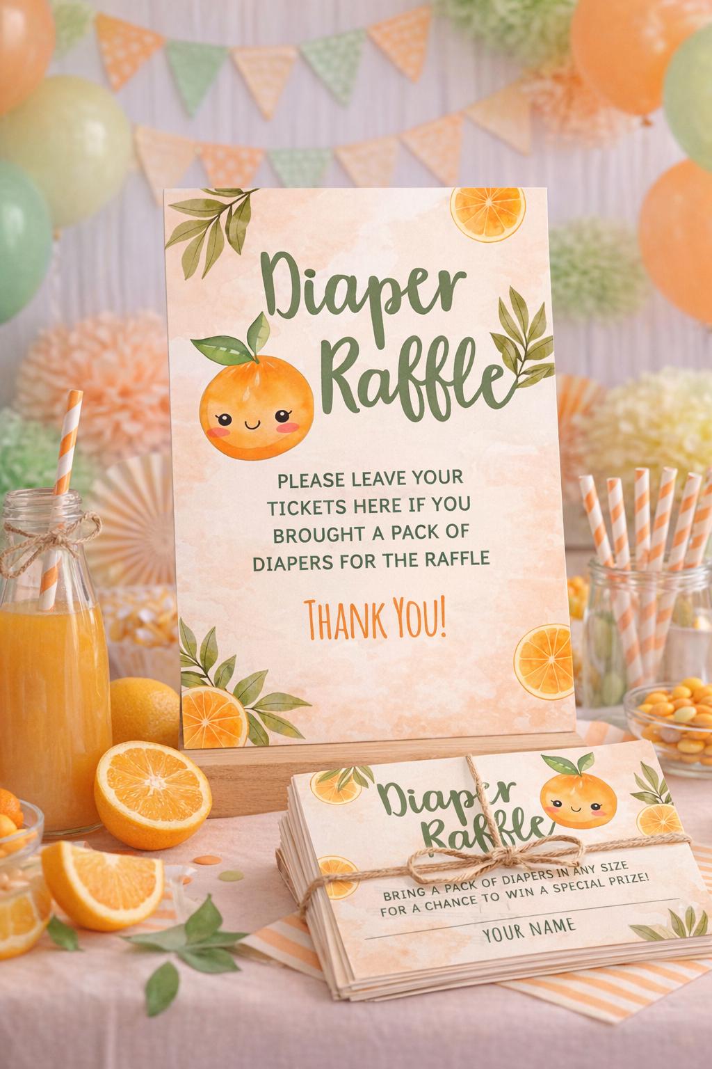 Orange Baby Shower Diaper Raffle Sign and Cards (Digital Download)