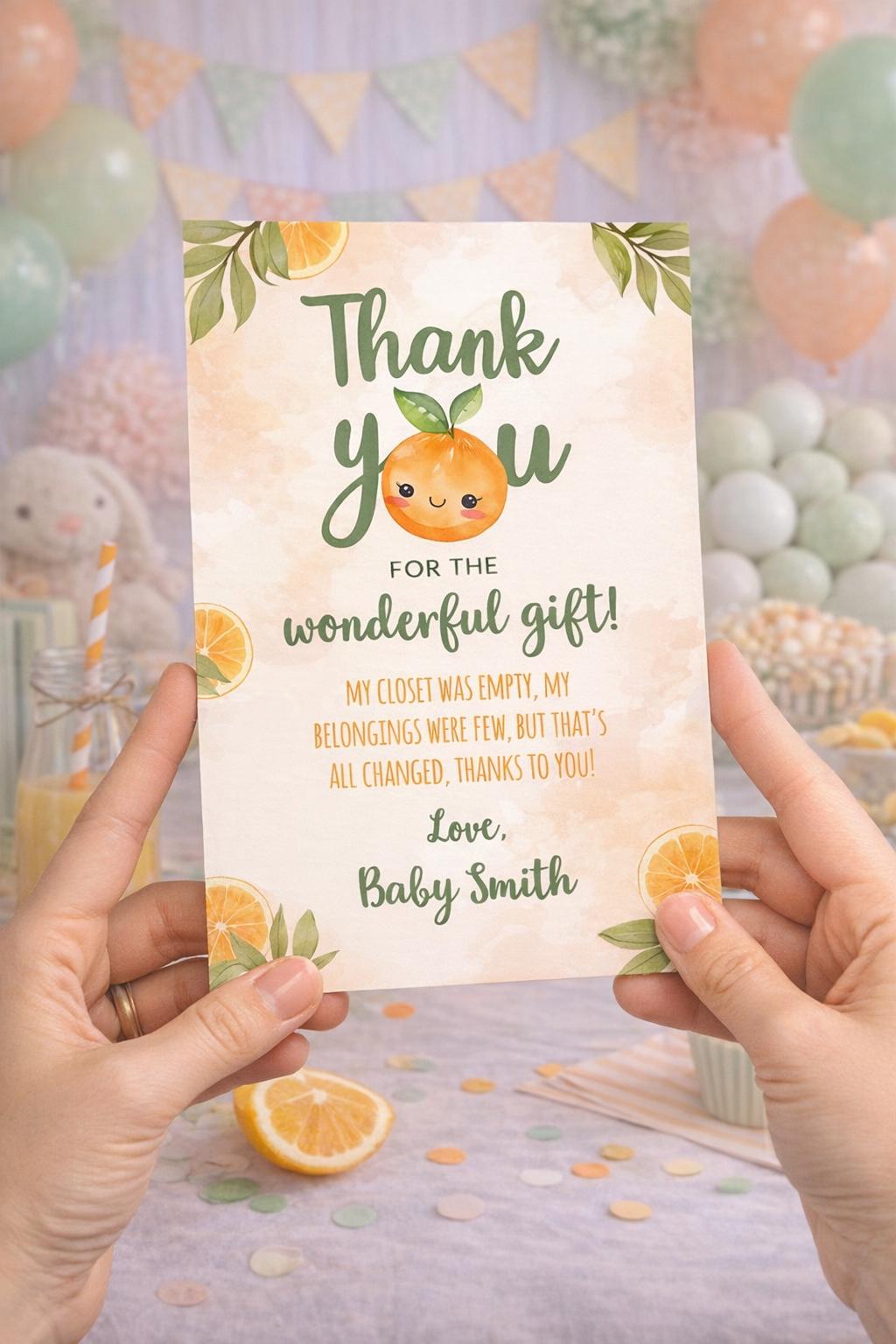 Orange Baby Shower Thank You Card Editable Template, Little Cutie Theme INSTANT DOWNLOAD