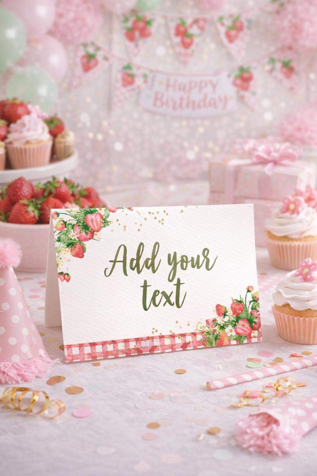 Editable Strawberry Food Tents, Fruit Birthday Party Labels (Digital Download)
