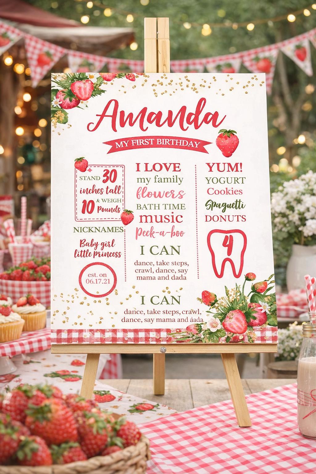 Strawberry First Birthday Milestone Board, Fruit Party Sign (Instant Download)