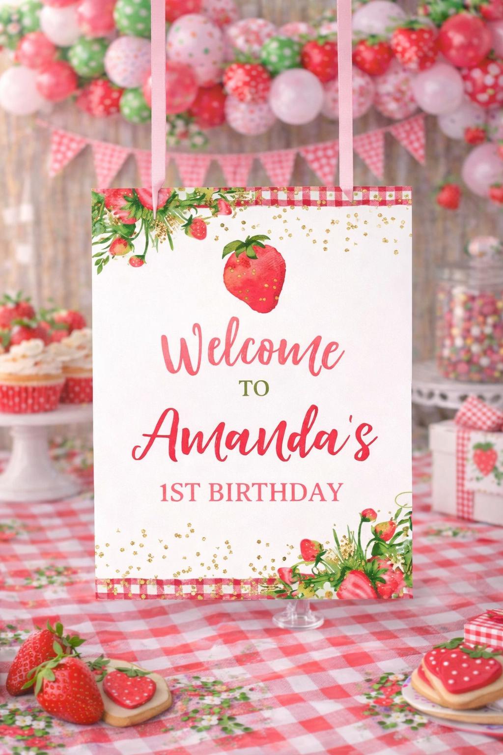 Strawberry Welcome Sign, Fruit Birthday Party Decor (Digital Download)