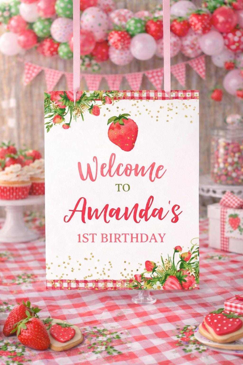 Strawberry Welcome Sign, Fruit Birthday Party Decor (Digital Download)