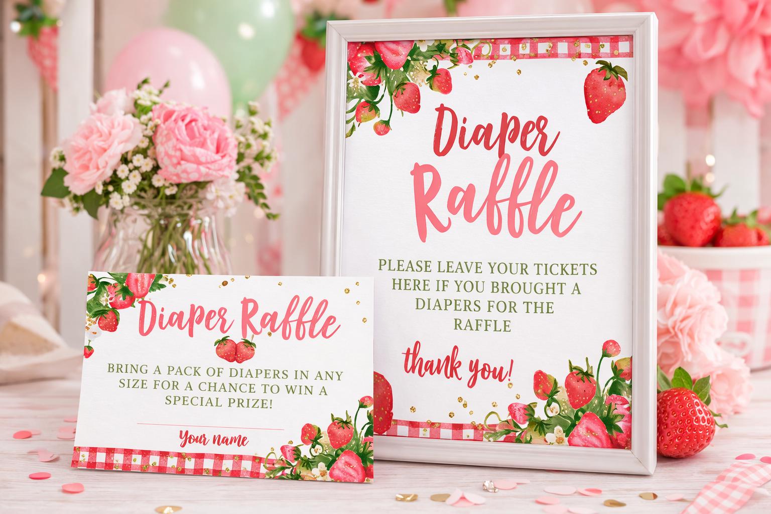 Strawberry Baby Shower Diaper Raffle Sign and Cards (Digital Download)