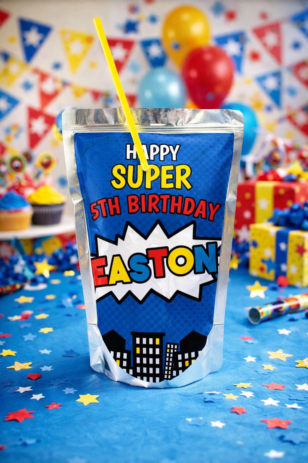 Superhero Birthday Drink Pouch Label Editable Template INSTANT DOWNLOAD