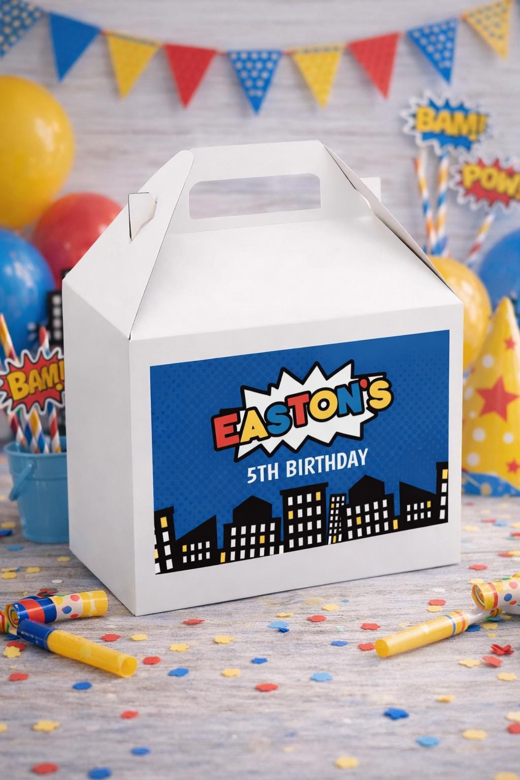 Superhero Birthday Gable Box Label, Comic Party Favor Box (Digital Download)