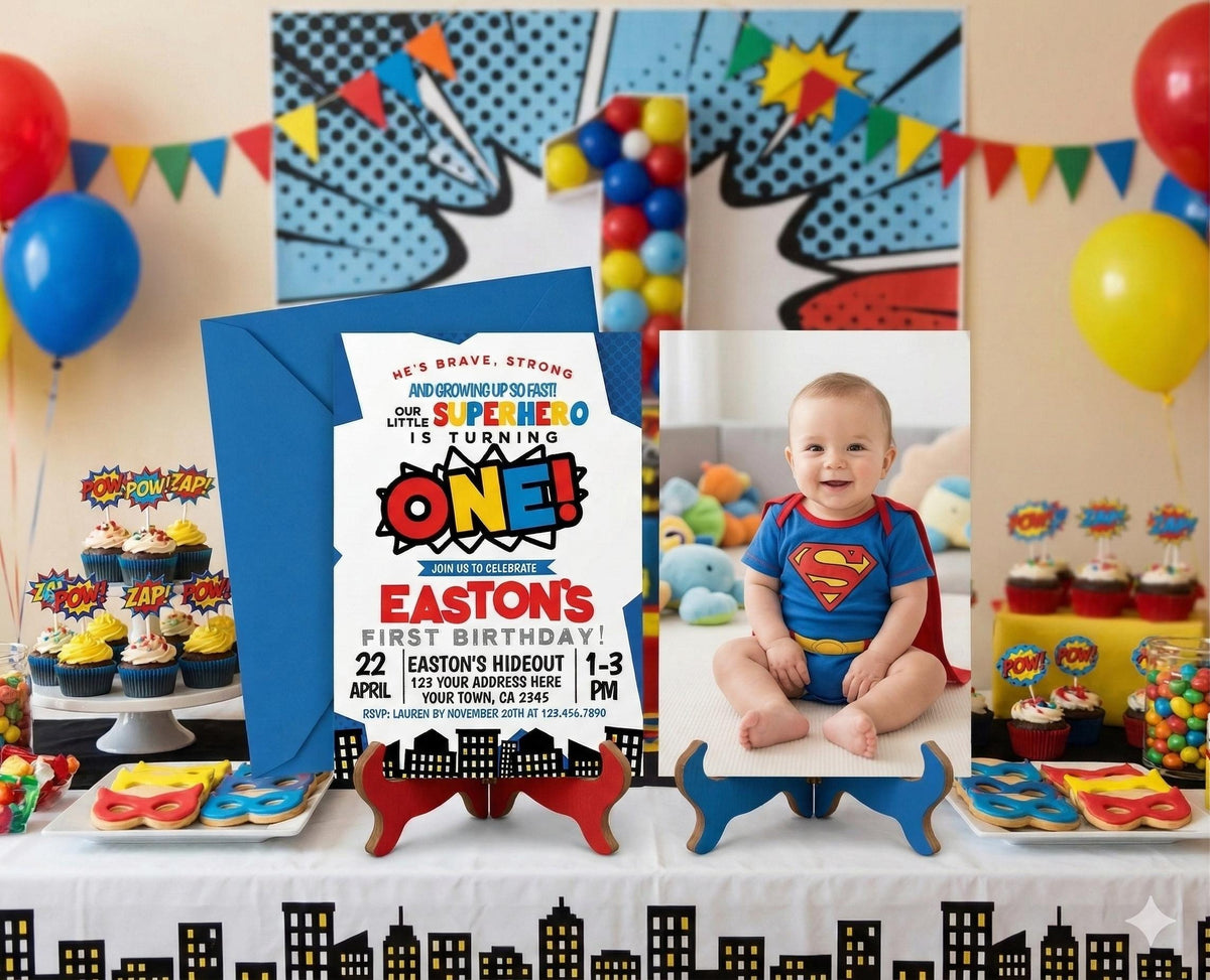 Superhero First Birthday Invitation with Photo Editable Template INSTANT DOWNLOAD