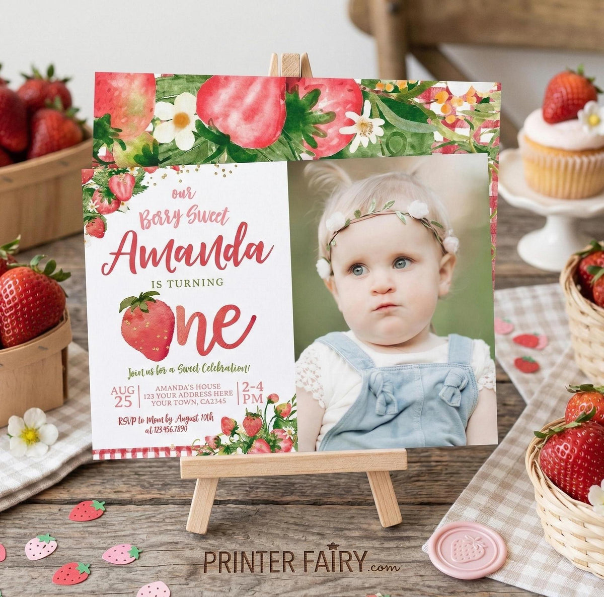 Strawberry First Birthday Invitation with photo EDITABLE Template INSTANT DOWNLOAD