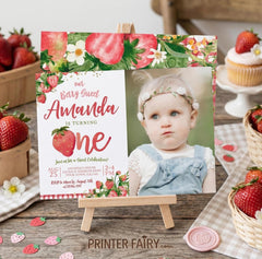 Strawberry First Birthday Invitation with photo EDITABLE Template INSTANT DOWNLOAD