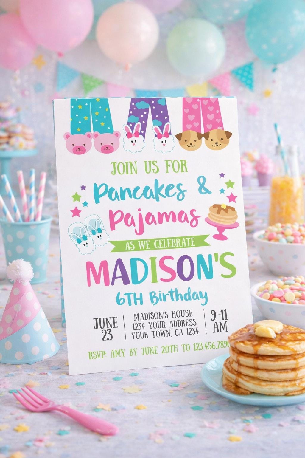 Pancakes and Pajamas Birthday Invitation, Editable Slumber Party Invite TEMPLATE (INSTANT DOWNLOAD)