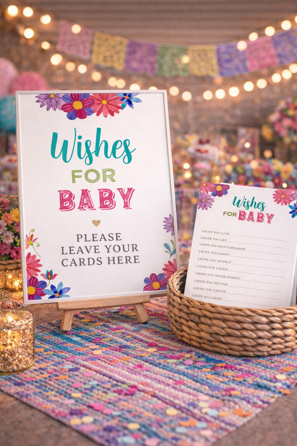 Mexican Fiesta Baby Shower Activities Wishes For Baby Sign and Card Templates, Instant Download