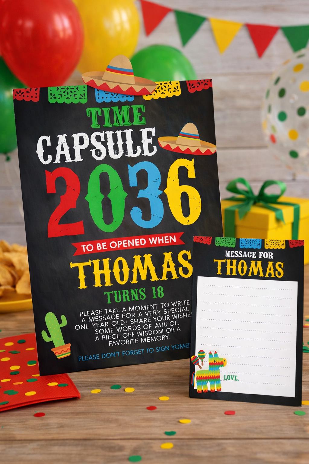 Mexican Fiesta Birthday Time Capsule Sign and Card Templates, INSTANT DOWNLOAD