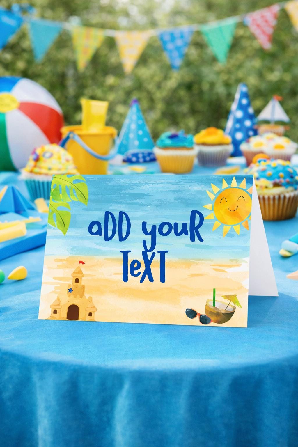 Beach Sand Castle Birthday Party Food Tents Editable Template, INSTANT DOWNLOAD