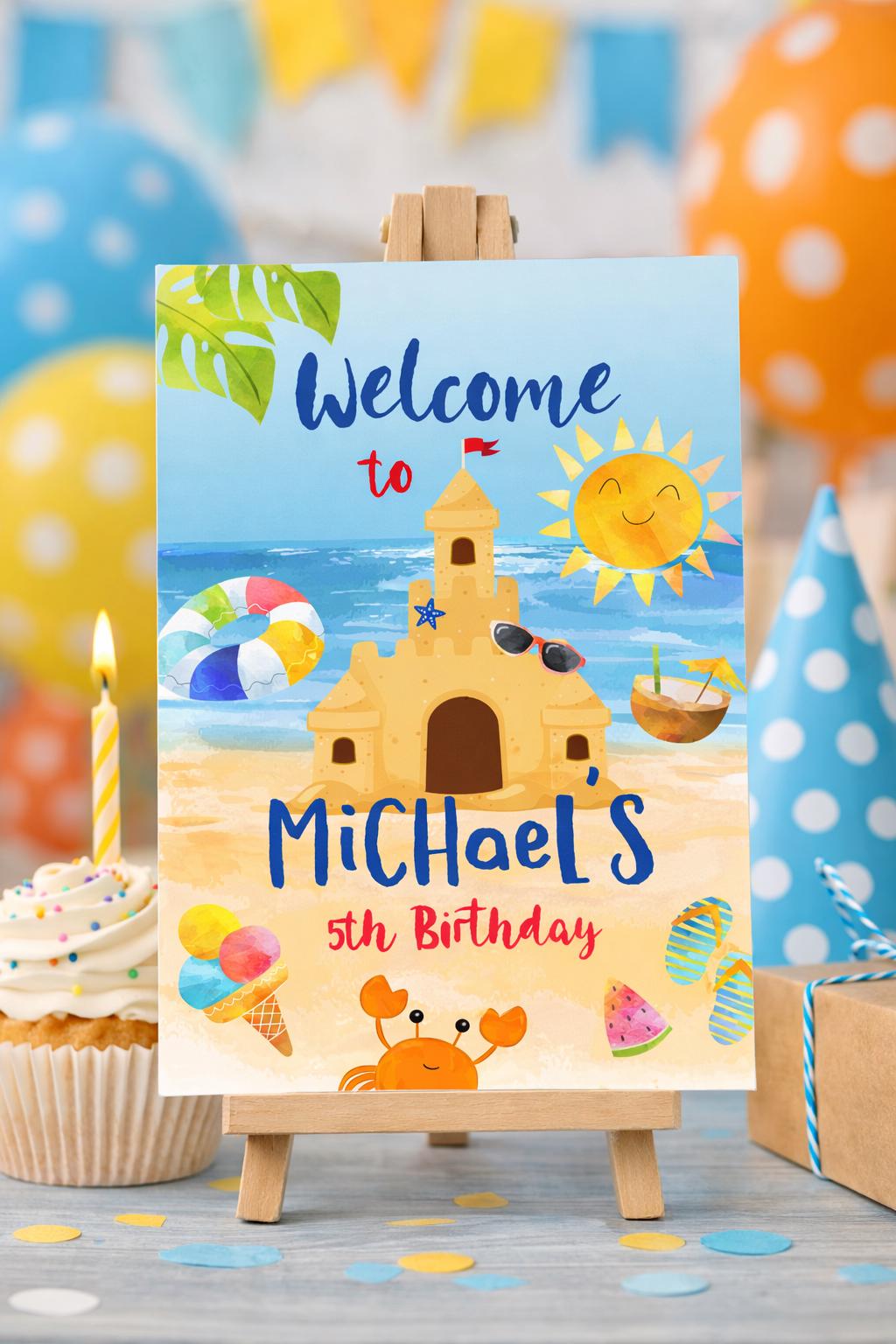Beach Birthday Party Welcome Sign Editable Template INSTANT DOWNLOAD