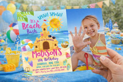 Sand Castle Beach Birthday Party Invitation with Photo Editable Template, INSTANT DOWNLOAD