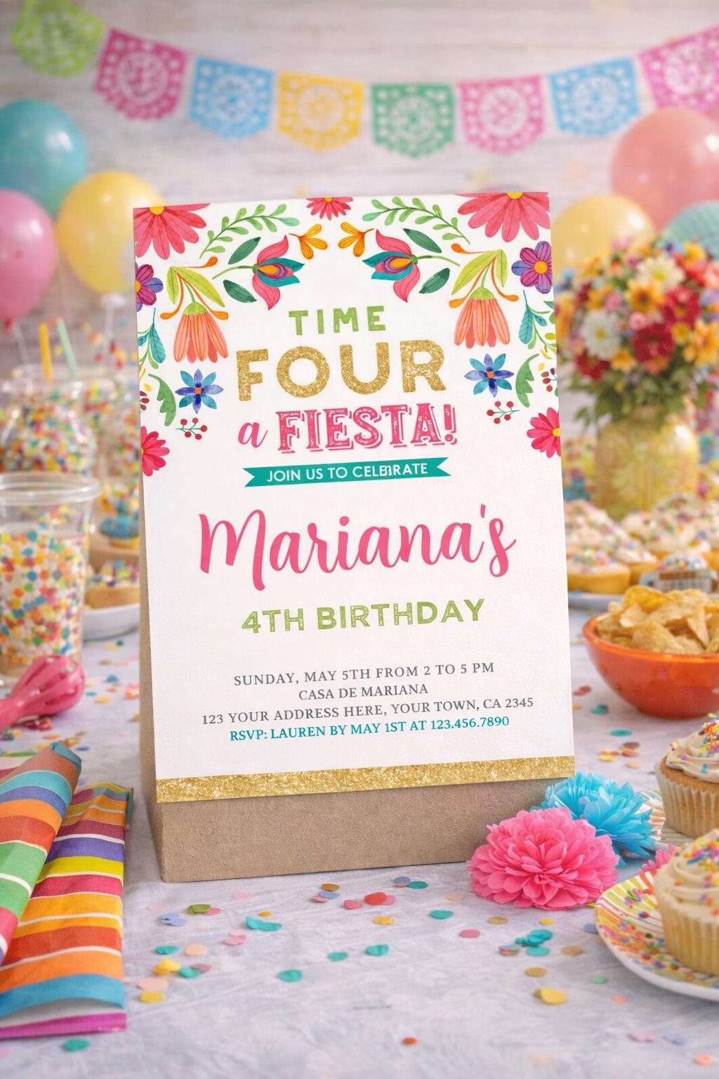Floral Fiesta 4th Birthday Invitation, Cinco de Mayo (Digital Invite)