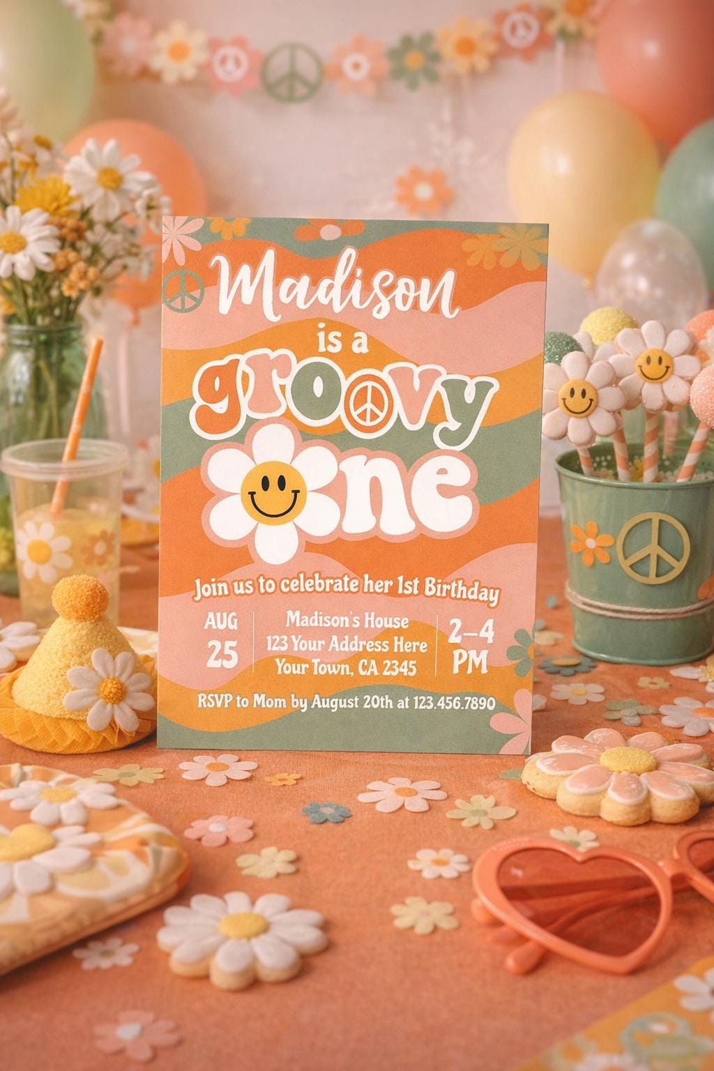 Groovy One Birthday Invitation, Retro Hippie First Party Invite (Editable Download)