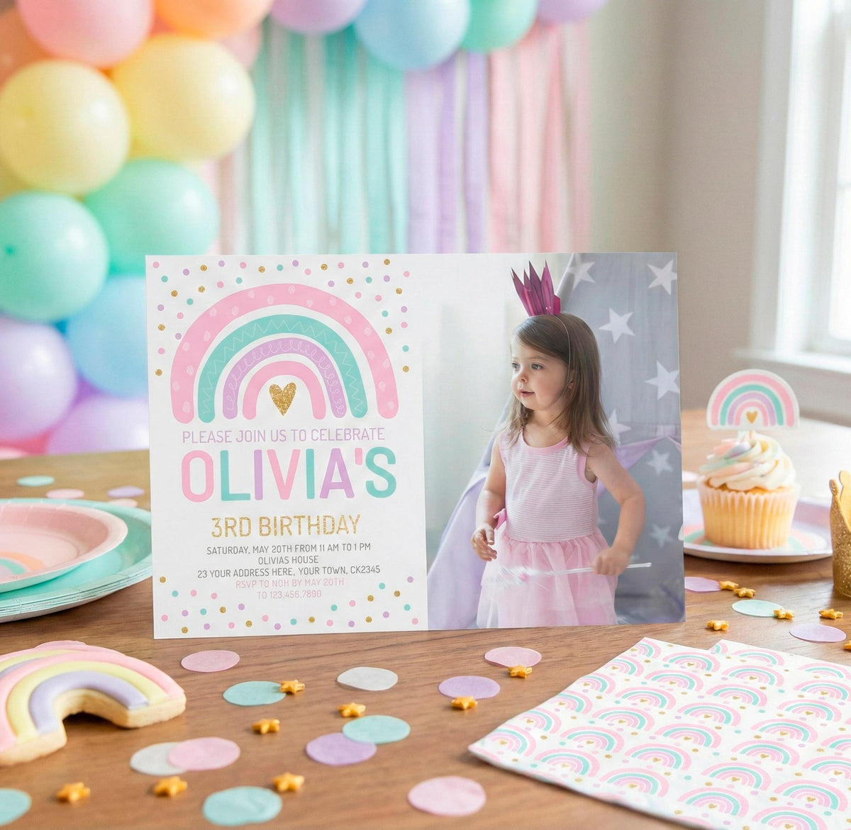 Rainbow Birthday Invitation with photo Editable Template, INSTANT DOWNLOAD