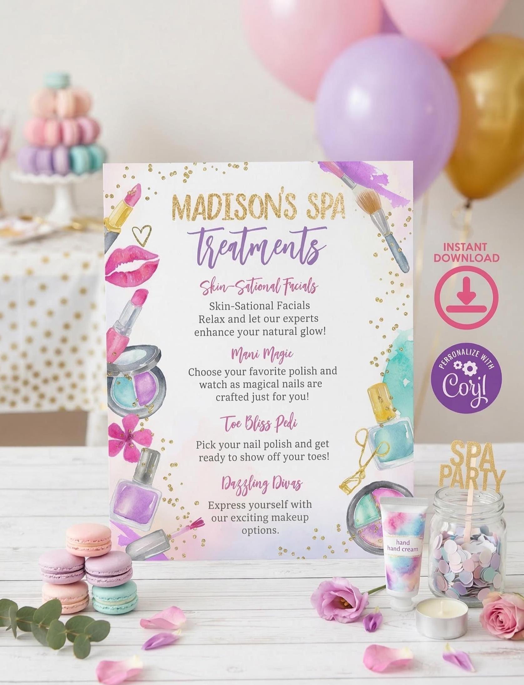 Editable Spa Party Treatments Sign, Glitz Glam Birthday Activities (Digital Download)