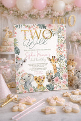 Two Wild Safari Birthday Invitation, Floral Jungle Animals (Digital Download)
