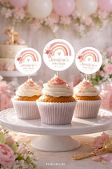 Boho Rainbow Cupcake Toppers, Pastel Watercolor Baby Shower Decor (Editable)