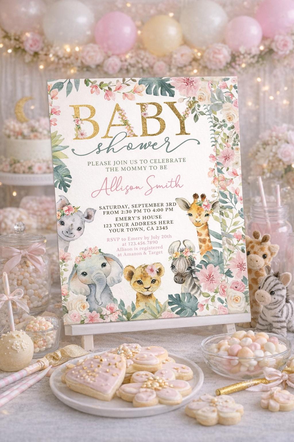 Jungle Baby Shower Invitation, Editable Tropical Safari Animals (Digital Download)
