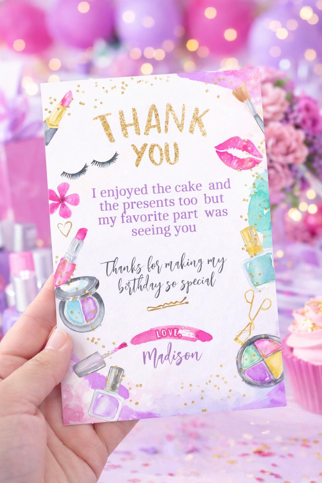 Spa Party Thank You Card, Glam Makeup Birthday Note (Digital Download)