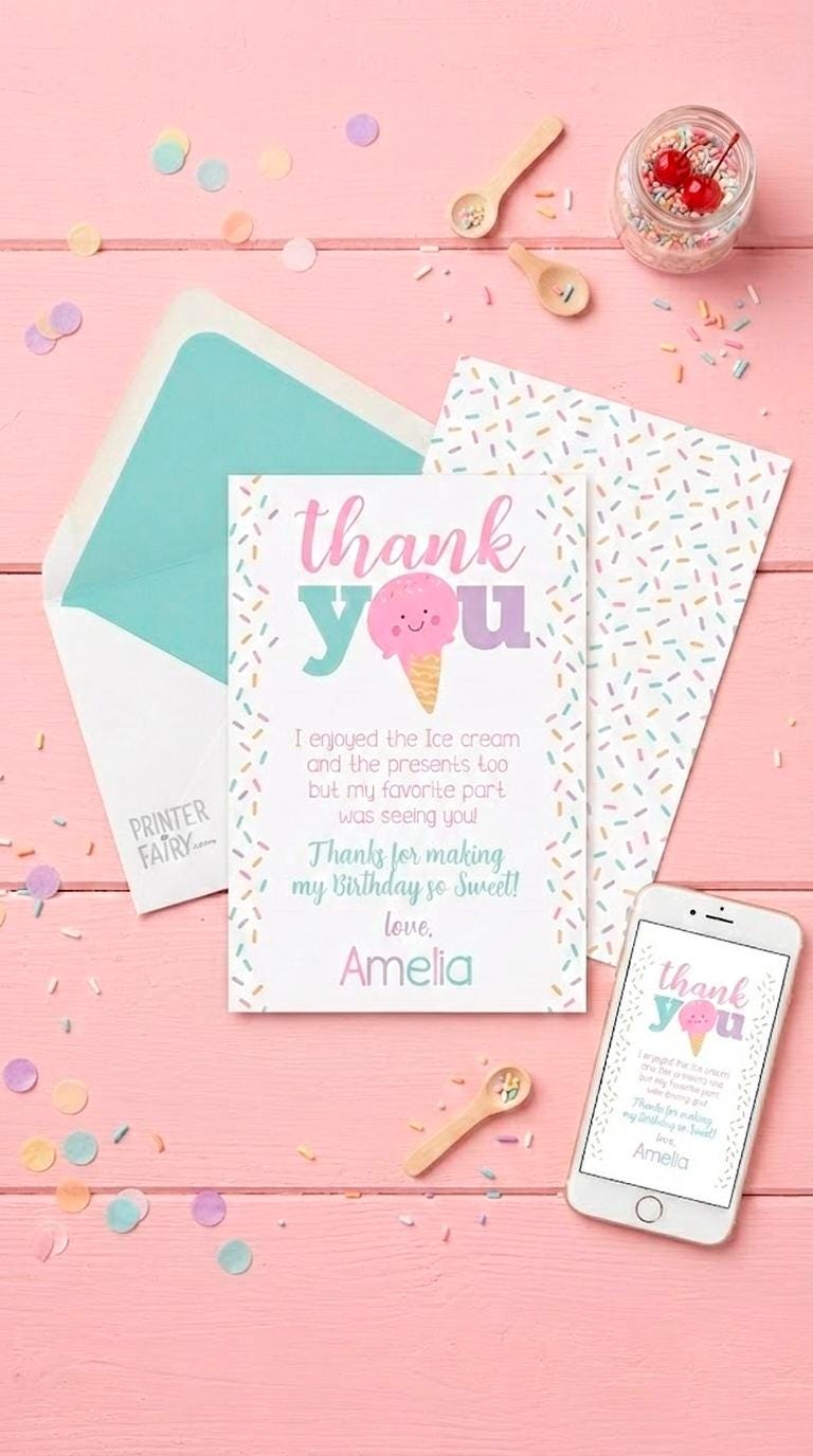 Ice Cream Party Thank You Card Editable Template, Instant Download