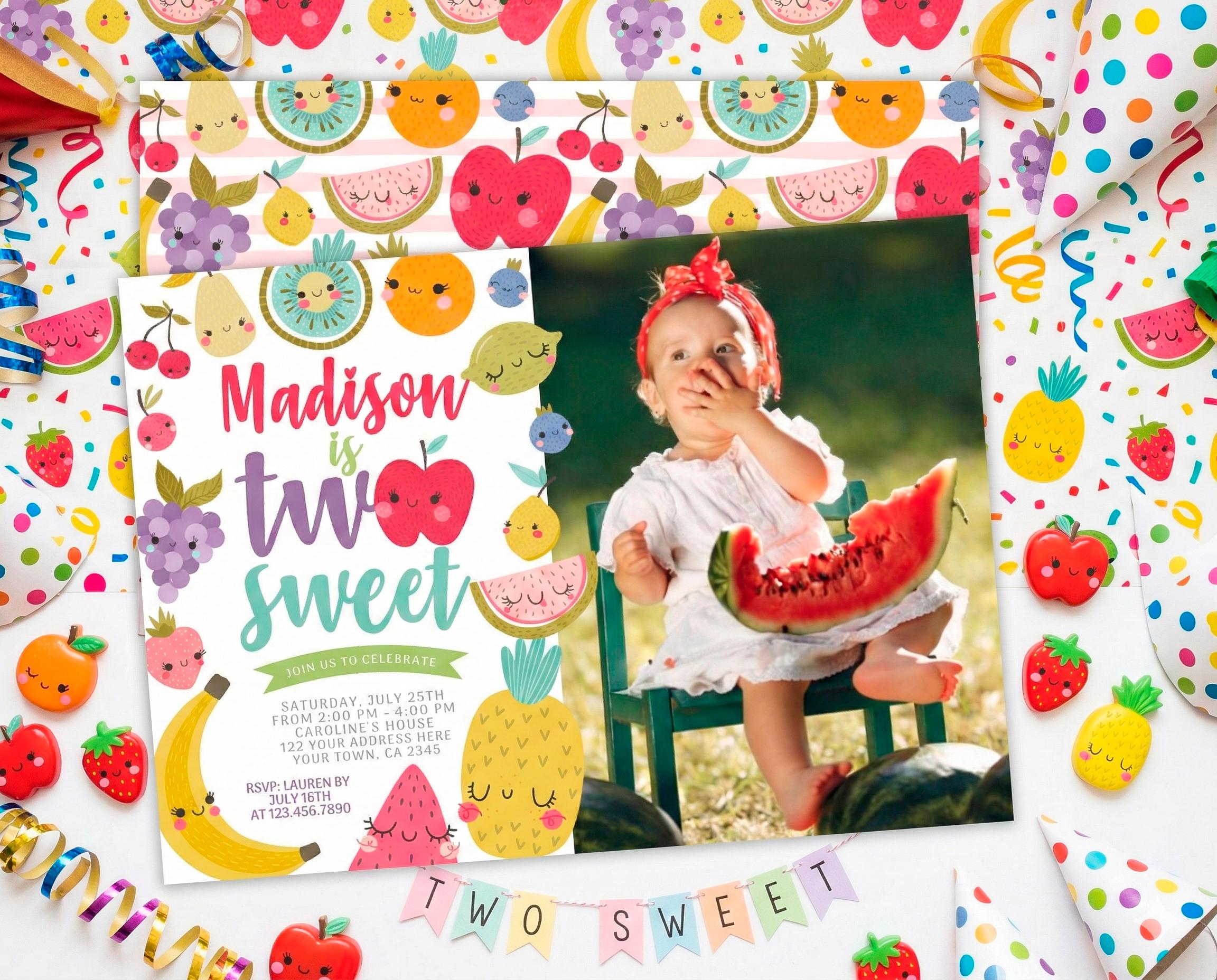 Tutti Frutti 2nd Birthday Invitation with Photo Editable Template Summer Party (Digital Download)