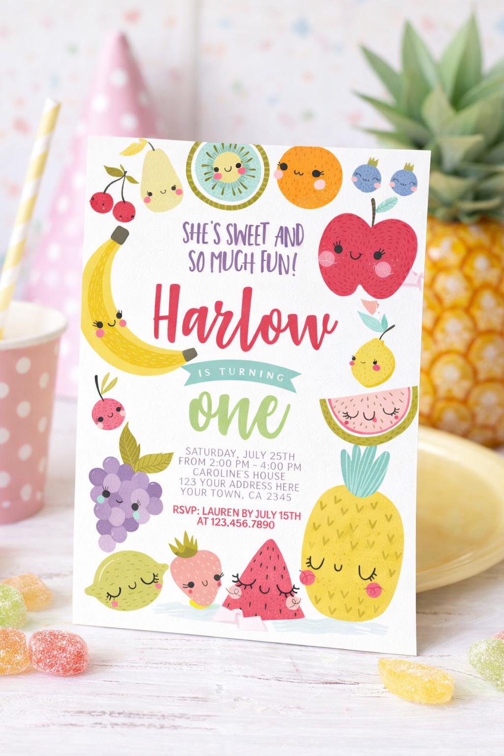 Tutti Frutti 1st Birthday Invitation Editable Template, Summer Party (Instant Download)