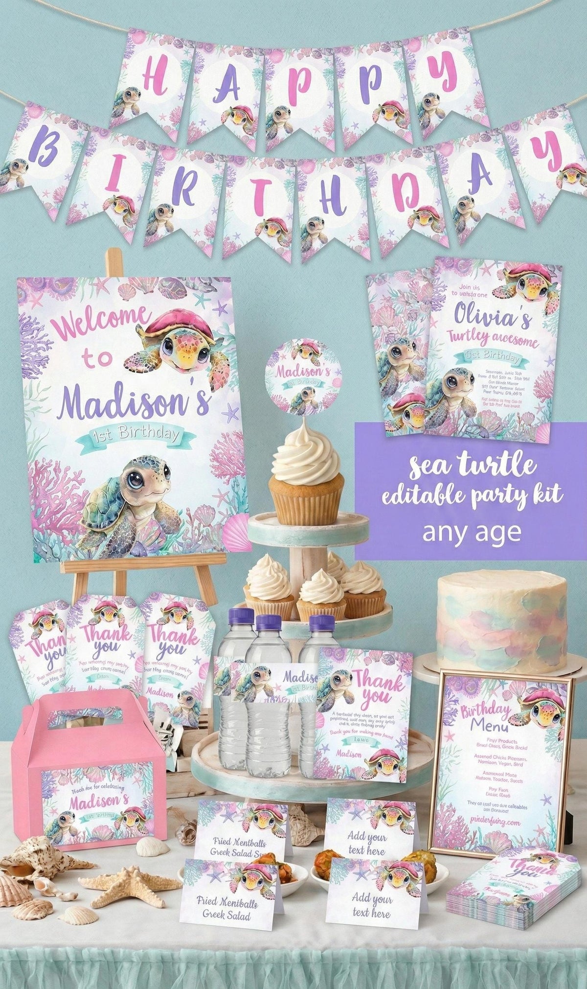 Sea Turtle Birthday Party Editable Bundle (Digital Download)