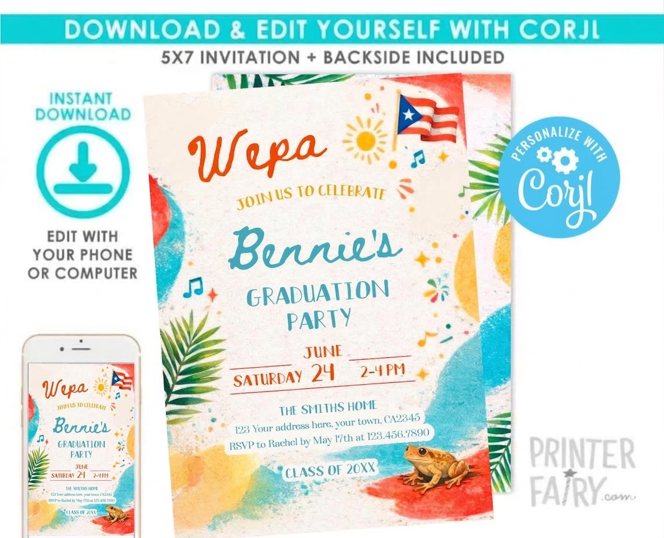 Puerto Rico Graduation Party Invitation Editable Template, INSTANT DOWNLOAD