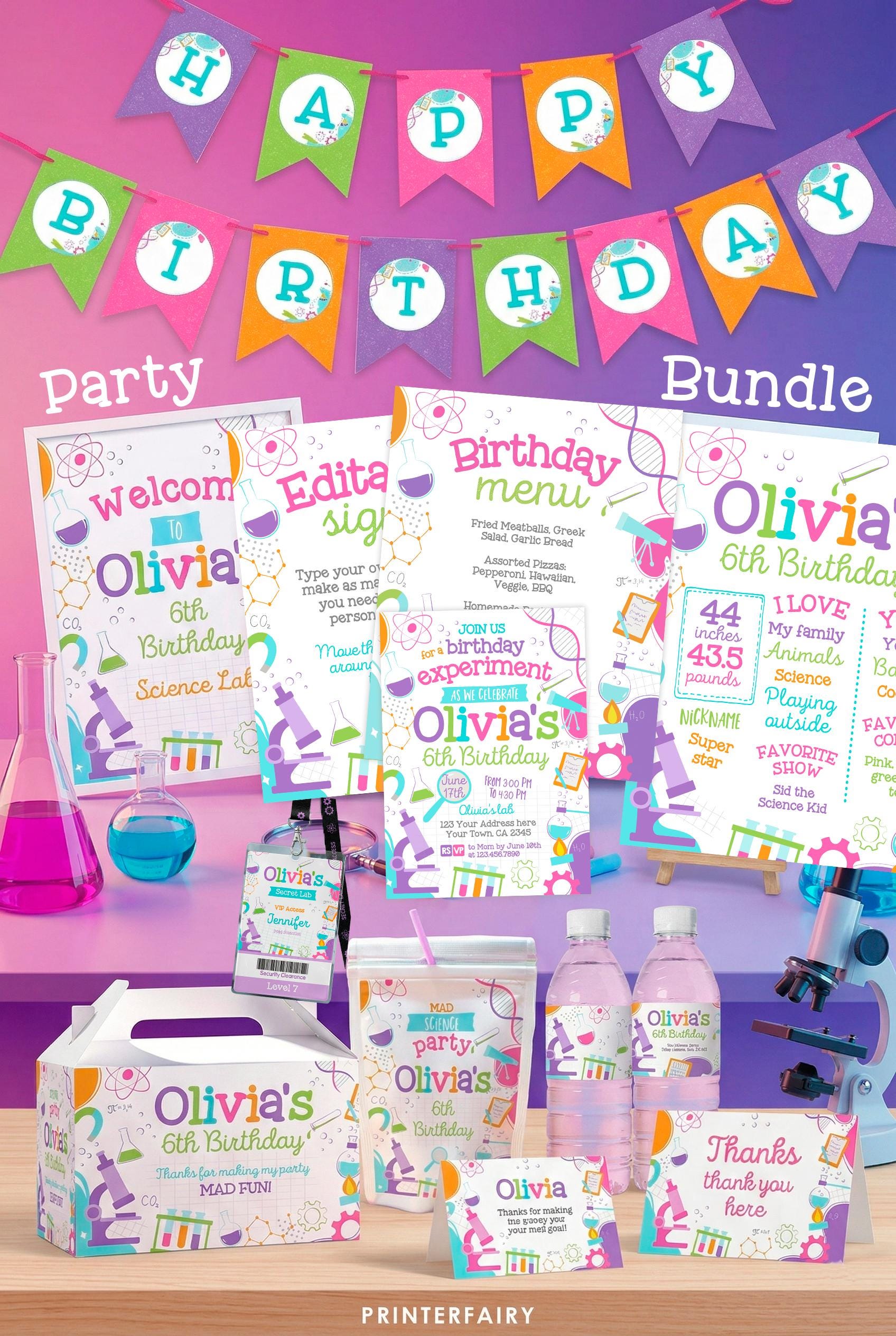 Science Birthday Party Bundle Editable Templates, Invitation, Printable Decorations, Instant Download