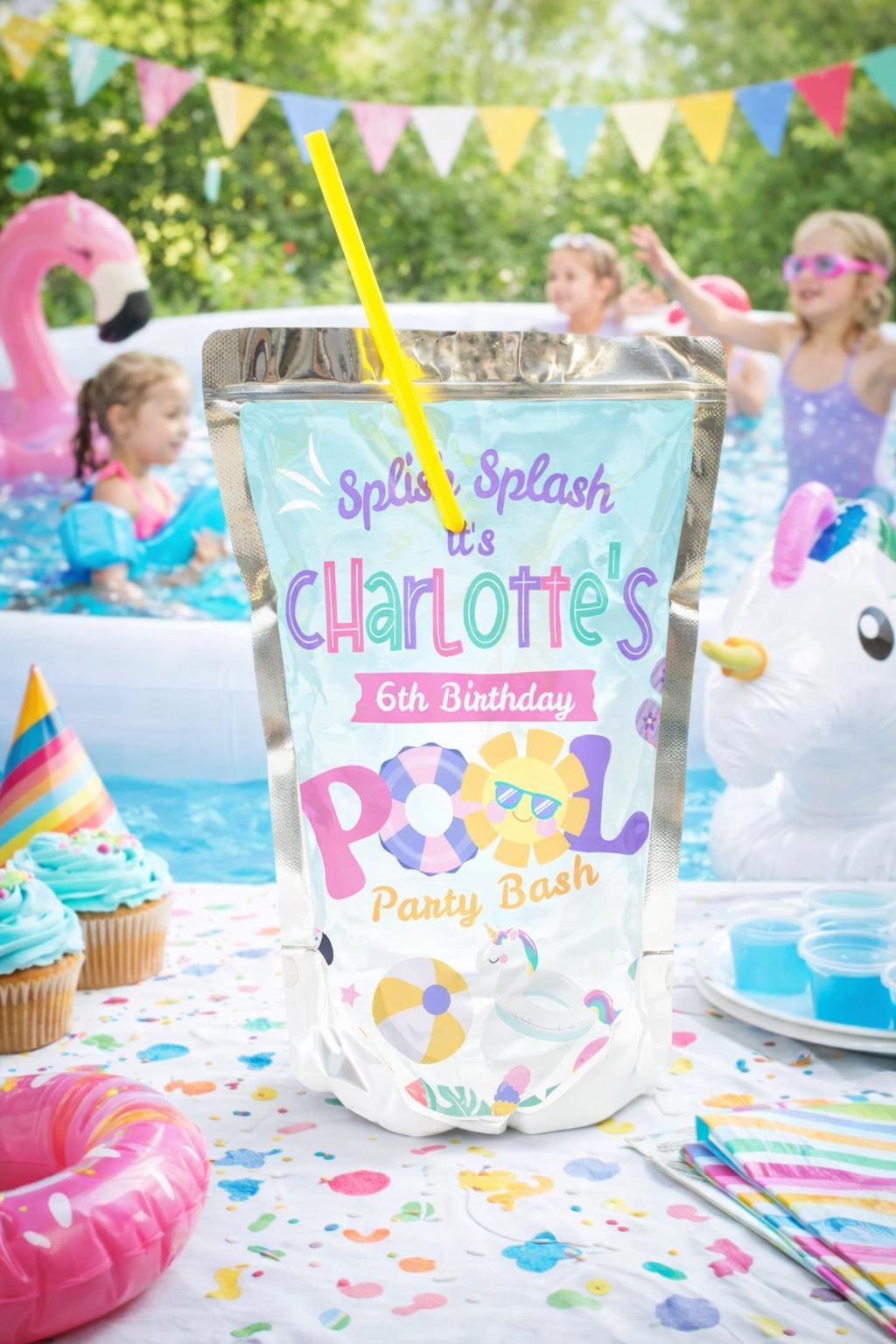Editable Pool Party Drink Pouch Label, Summer Birthday Bash (Digital Download)