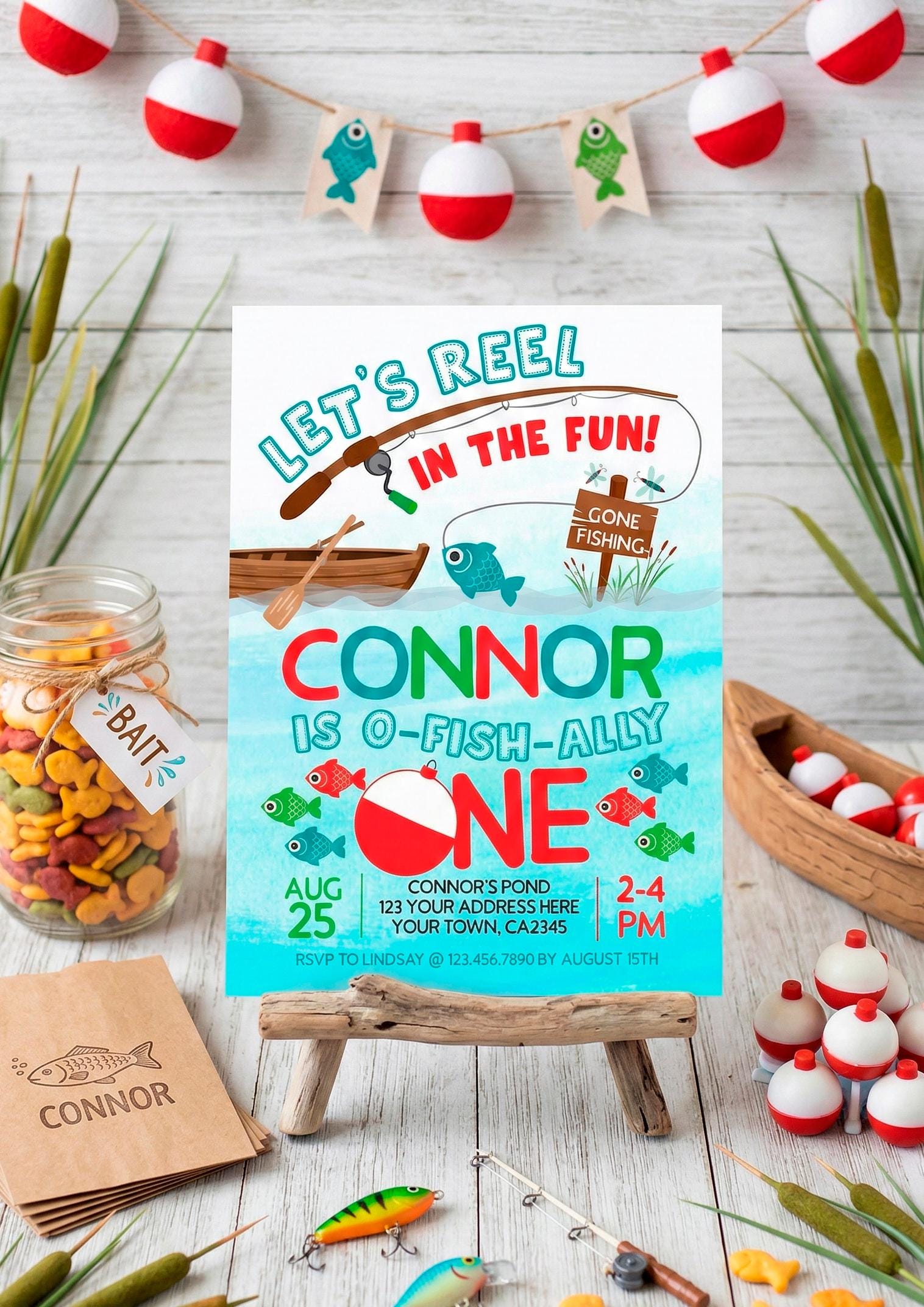 Fishing First Birthday Invitation, O-Fish-ally One Party, Gone Fishing Theme (Digital Download)