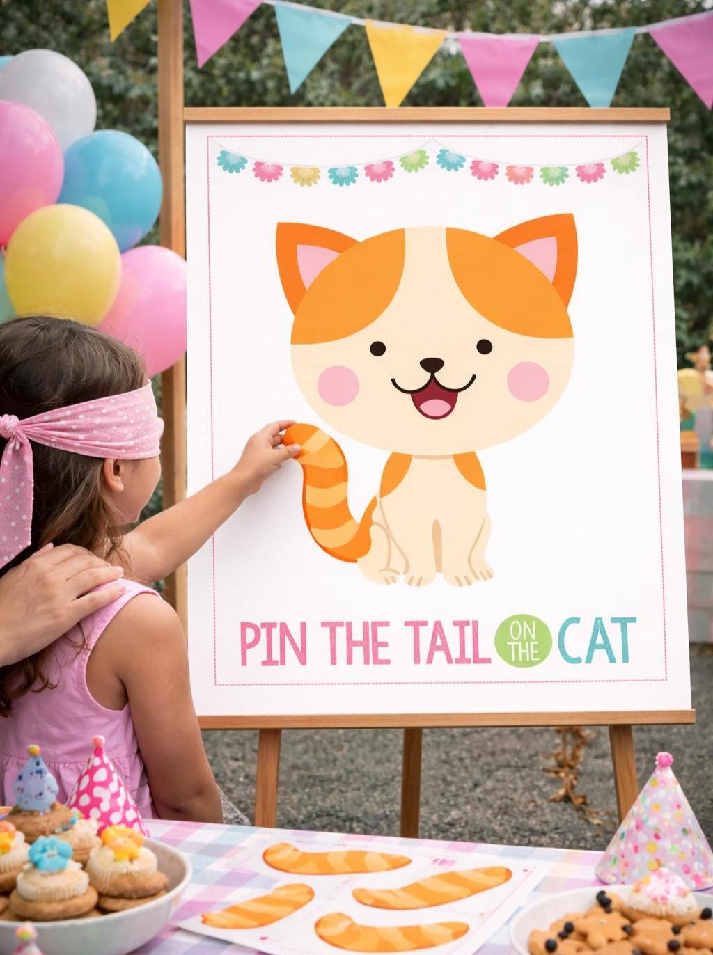 Pin the Tail on the Kitty Party Game, Printable Birthday Poster, Instant Download